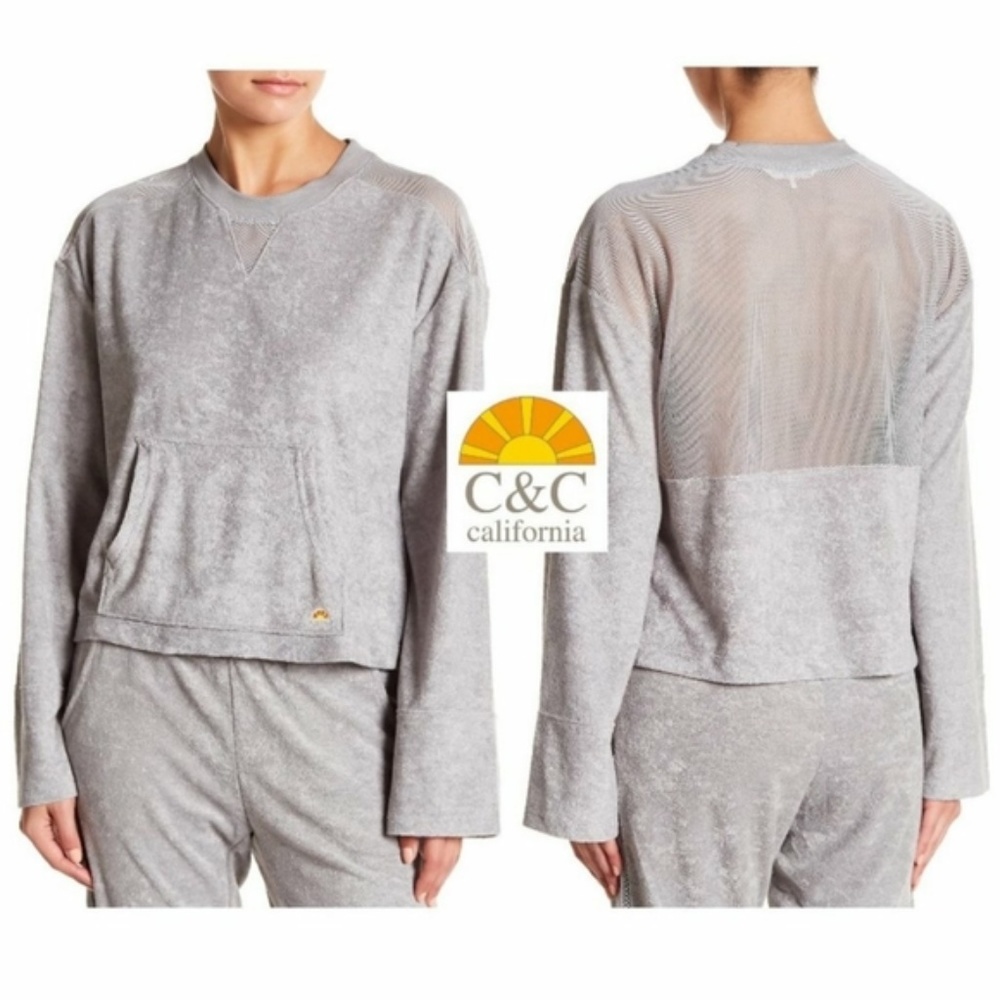 C&C California Grey Crew Neck Mesh Long Sleeve Top Size L